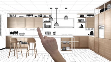 İnşaat taslak, konsept iç tasarım kroki, plan arka plan, mimar ve tasarımcı fikir ile el işaret gerçek ahşap Mutfak altında tamamlanmamış proje