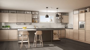 Ahşap detayları ve parke zemin, modern kolye lamba, minimalist iç tasarım konsepti fikir, dışkı ve aksesuarları ile ada modern beyaz ve gri mutfak