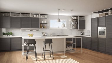 Ahşap detayları ve parke zemin, modern kolye lamba, minimalist iç tasarım konsepti fikir, dışkı ve aksesuarları ile ada modern beyaz ve gri mutfak