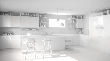 Mutfak ahşap detayları ve parke zemin, modern kolye lamba, minimalist iç tasarım konsepti fikir, dışkı ve aksesuarları ile ada ile toplam beyaz proje