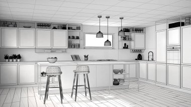 Mutfak ahşap detayları ve parke zemin, modern kolye lambalar, minimalist iç tasarım konsepti fikir, dışkı ve aksesuarları ile ada tamamlanmamış proje taslağı