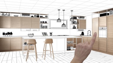 İnşaat taslak, konsept iç tasarım kroki, plan arka plan, mimar ve tasarımcı fikir ile el işaret gerçek ahşap Mutfak altında tamamlanmamış proje