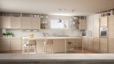 Mimari iç tasarım ahşap antika masa üstü veya raf closeup, zen ruh hali, Modern minimalist beyaz ve ahşap mutfak ada ve tabureler, üzerinde beyaz
