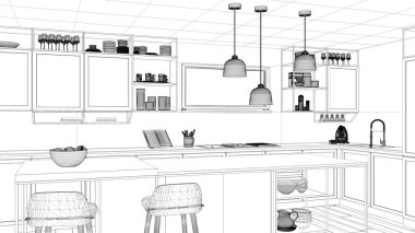 İç mimari proje, siyah ve beyaz mürekkep çizimi, mimari plan gösteren modern mutfak, dışkı ve aksesuarları, çağdaş mimarisi ile ada