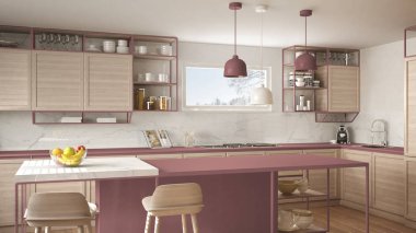 Ahşap detayları ve parke zemin, modern kolye lamba, minimalist iç tasarım konsepti fikir, dışkı ve aksesuarları ile ada modern beyaz ve kırmızı mutfak