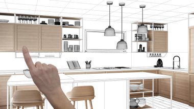 İnşaat taslak, konsept iç tasarım kroki, plan arka plan, mimar ve tasarımcı fikir ile el işaret gerçek ahşap Mutfak altında tamamlanmamış proje