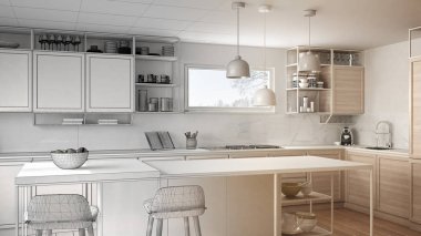 Mimar iç tasarım konsepti: gerçek olur tamamlanmamış proje, ahşap detayları ve parke zemin, minimalist tasarım fikri, mutfak ada dışkı ile