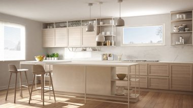 Ahşap detayları ve parke zemin, modern kolye lamba, minimalist iç tasarım konsepti fikir, dışkı ve aksesuarları ile ada modern beyaz mutfak