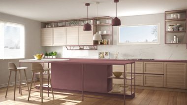 Ahşap detayları ve parke zemin, modern kolye lamba, minimalist iç tasarım konsepti fikir, dışkı ve aksesuarları ile ada modern beyaz ve kırmızı mutfak