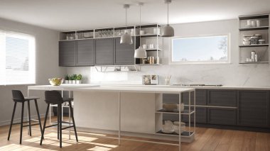 Ahşap detayları ve parke zemin, modern kolye lamba, minimalist iç tasarım konsepti fikir, dışkı ve aksesuarları ile ada modern beyaz ve gri mutfak