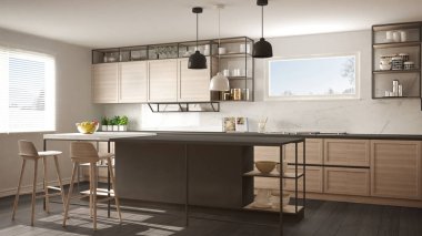 Ahşap detayları ve parke zemin, modern kolye lamba, minimalist iç tasarım konsepti fikir, dışkı ve aksesuarları ile ada modern beyaz ve gri mutfak
