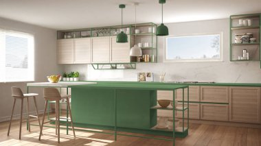 Ahşap detayları ve parke zemin, modern kolye lamba, minimalist iç tasarım konsepti fikir, dışkı ve aksesuarları ile ada modern beyaz ve yeşil mutfak