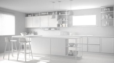 Mutfak ahşap detayları ve parke zemin, modern kolye lamba, minimalist iç tasarım konsepti fikir, dışkı ve aksesuarları ile ada ile toplam beyaz proje