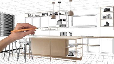 Altında inşaat taslak, konsept iç tasarım kroki, plan arka plan, mimar ve tasarımcı fikir ile el çizim gerçek mutfak kroki tamamlanmamış proje