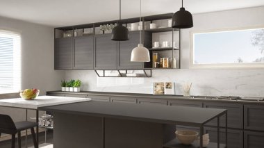 Ahşap detayları ve parke zemin, modern kolye lamba, minimalist iç tasarım konsepti fikir, dışkı ve aksesuarları ile ada Modern koyu gri mutfak