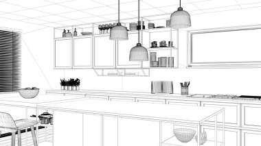 İç mimari proje, siyah ve beyaz mürekkep çizimi, mimari plan gösteren modern mutfak, dışkı ve aksesuarları, çağdaş mimarisi ile ada