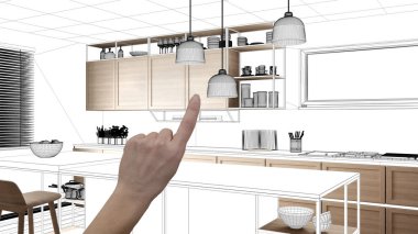 İnşaat taslak, konsept iç tasarım kroki, plan arka plan, mimar ve tasarımcı fikir ile el işaret gerçek ahşap Mutfak altında tamamlanmamış proje