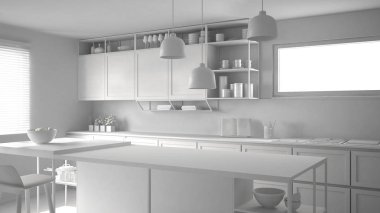 Mutfak ahşap detayları ve parke zemin, modern kolye lamba, minimalist iç tasarım konsepti fikir, dışkı ve aksesuarları ile ada ile toplam beyaz proje