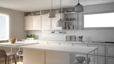 Mimar iç tasarım konsepti: gerçek olur tamamlanmamış proje, ahşap detayları ve parke zemin, minimalist tasarım fikri, mutfak ada dışkı ile