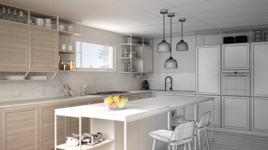 Mimar iç tasarım konsepti: gerçek olur tamamlanmamış proje, ahşap detayları ve parke zemin, minimalist tasarım fikri, mutfak ada dışkı ile