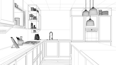 İç mimari proje, siyah ve beyaz mürekkep çizimi, mimari plan gösteren modern mutfak, dışkı ve aksesuarları, çağdaş mimarisi ile ada