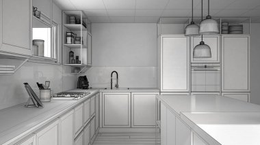 Mutfak ahşap detayları ve parke zemin, modern kolye lambalar, minimalist iç tasarım konsepti fikir, dışkı ve aksesuarları ile ada tamamlanmamış proje taslağı