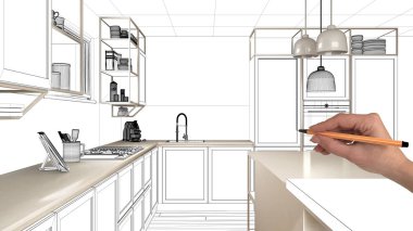 Altında inşaat taslak, konsept iç tasarım kroki, plan arka plan, mimar ve tasarımcı fikir ile el çizim gerçek mutfak kroki tamamlanmamış proje