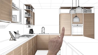 İnşaat taslak, konsept iç tasarım kroki, plan arka plan, mimar ve tasarımcı fikir ile el işaret gerçek ahşap Mutfak altında tamamlanmamış proje