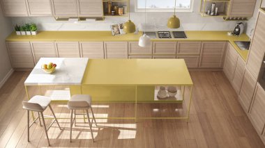 Ahşap detayları ve parke zemin, modern kolye lamba, minimalist iç tasarım konsepti fikir, dışkı ve aksesuarları, üstten görünüm ile ada modern beyaz ve sarı mutfak