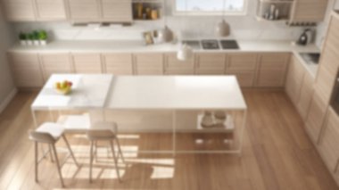 Arka plan beyaz dekorasyon mutfak ahşap detayları ve parke zemin, modern kolye lamba, minimalist kavram fikir, dışkı ve aksesuarları, üstten görünüm ile ada ile bulanıklık