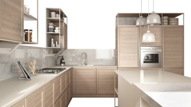 İzole kopya alanı, minimalist mobilya beyaz zemin üzerine beyaz mutfak Modern ahşap ayrıntılarla ada tabure, iç tasarım konsepti fikir,