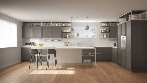 Moderne Weiß Graue Küche Mit Holzdetails Und Parkettboden Moderne Pendelleuchten — Stockfoto