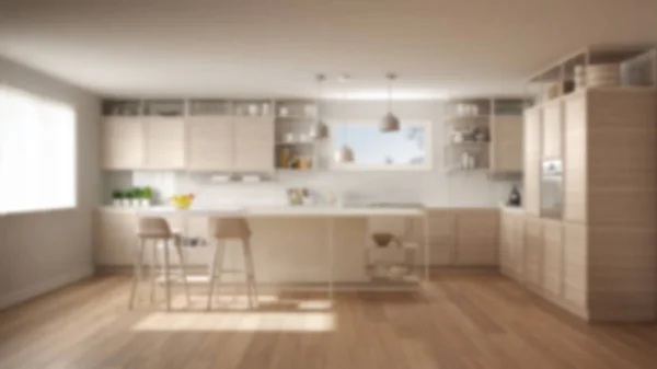 Sfocatura Sfondo Interior Design Cucina Bianca Con Dettagli Legno Pavimento — Foto Stock