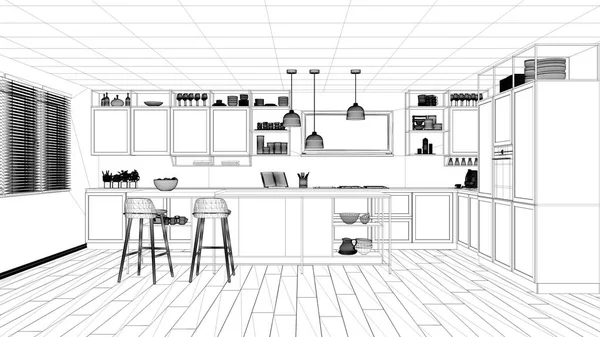 Einrichtungsprojekt Schwarz Weiß Tuschskizze Architekturentwurf Mit Moderner Küche Insel Mit — Stockfoto