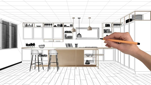 Unvollendetes Projekt Entwurfsstadium Konzept Innenarchitektur Skizze Handzeichnung Echte Küchenskizze Mit — Stockfoto