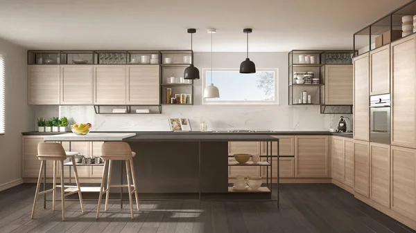Moderne Weiß Graue Küche Mit Holzdetails Und Parkettboden Moderne Pendelleuchten — Stockfoto