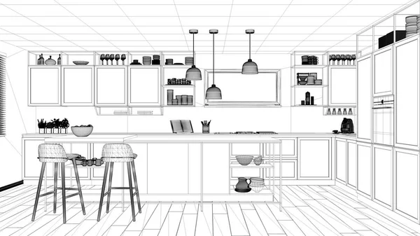 Interior Design Project Black White Ink Sketch Architecture Blueprint Showing — Stock Photo, Image