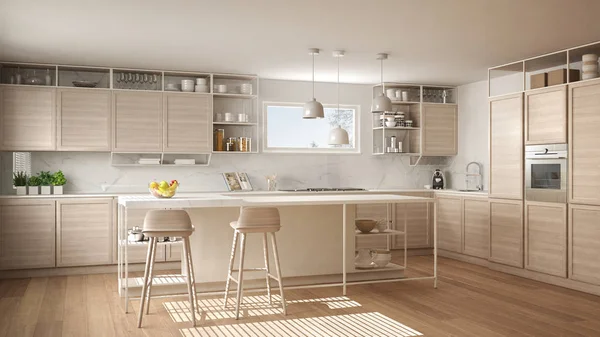 Moderna Cocina Blanca Con Detalles Madera Suelo Parquet Lámparas Colgantes — Foto de Stock