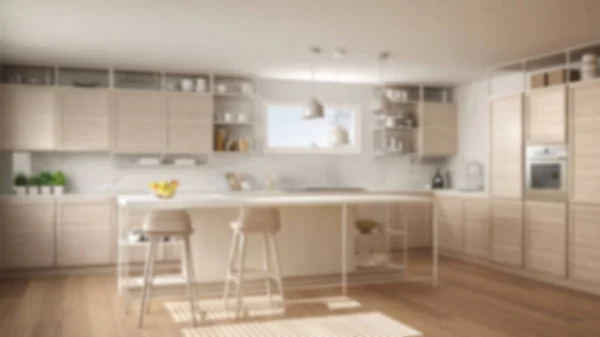 Hintergrundgestaltung Verschwimmen Weiße Küche Mit Holzdetails Und Parkettboden Moderne Pendelleuchten — Stockfoto