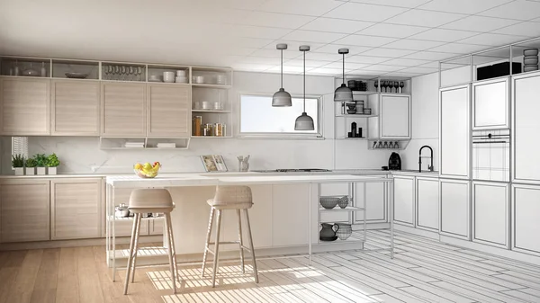 Arquitecto Concepto Diseñador Interiores Proyecto Inacabado Que Convierte Real Cocina — Foto de Stock