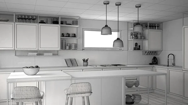 Unfertiger Entwurf Einer Küche Mit Holzdetails Und Parkettboden Moderne Pendelleuchten — Stockfoto