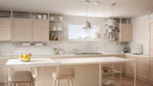 Rozostření Pozadí Interiérový Design Bílé Kuchyně Dřevěnými Detaily Parketové Podlahy — Stock fotografie