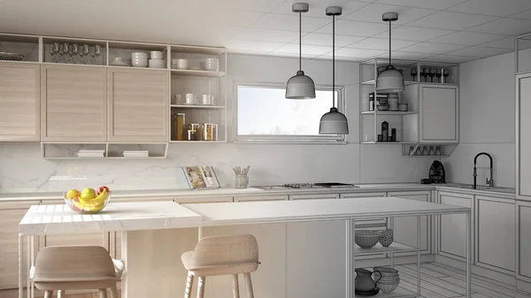 Architekt Innenarchitekturkonzept Unfertiges Projekt Das Wirklichkeit Wird Küche Mit Holzdetails — Stockfoto