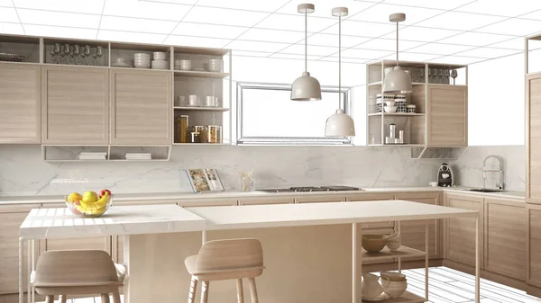 Interior design project draft, work in progress concept idea, real modern white and wooden kitchen in sketched background, architect designer project desktop screen-shot