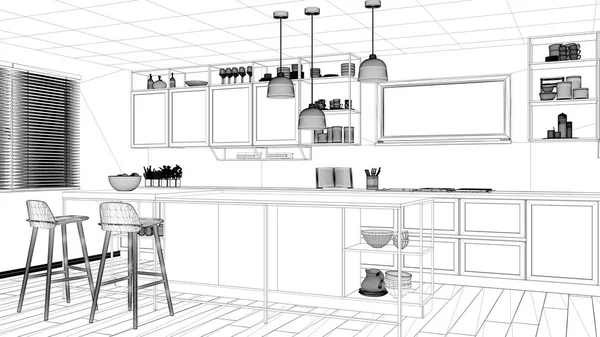Einrichtungsprojekt Schwarz Weiß Tuschskizze Architekturentwurf Mit Moderner Küche Insel Mit — Stockfoto