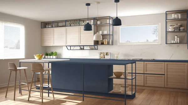 现代白色和蓝色厨房 木制细节和镶木地板 现代吊灯 简约的室内设计理念 岛屿与凳子和配件 — 图库照片