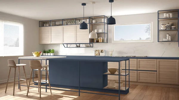 Moderna Cocina Blanca Azul Con Detalles Madera Suelo Parquet Lámparas — Foto de Stock