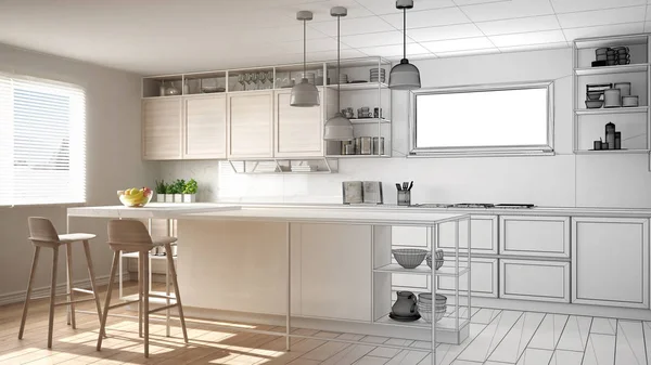 Arquitecto Concepto Diseñador Interiores Proyecto Inacabado Que Convierte Real Cocina — Foto de Stock