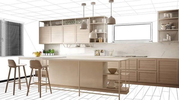 Interior design project draft, work in progress concept idea, real modern white and wooden kitchen in sketched background, architect designer project desktop screen-shot