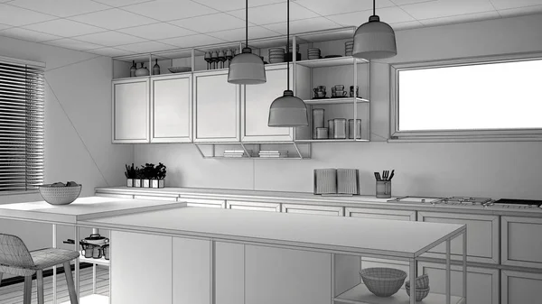 Unfinished project draft of kitchen with wooden details and parquet floor, modern pendant lamps, minimalistic interior design concept idea, island with stools and accessories